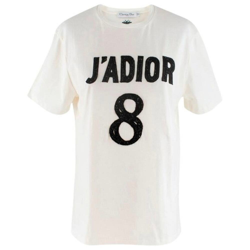 L AUTH Christian Dior Linen J’adior 8 Embellished Logo White Tee Shirt Top